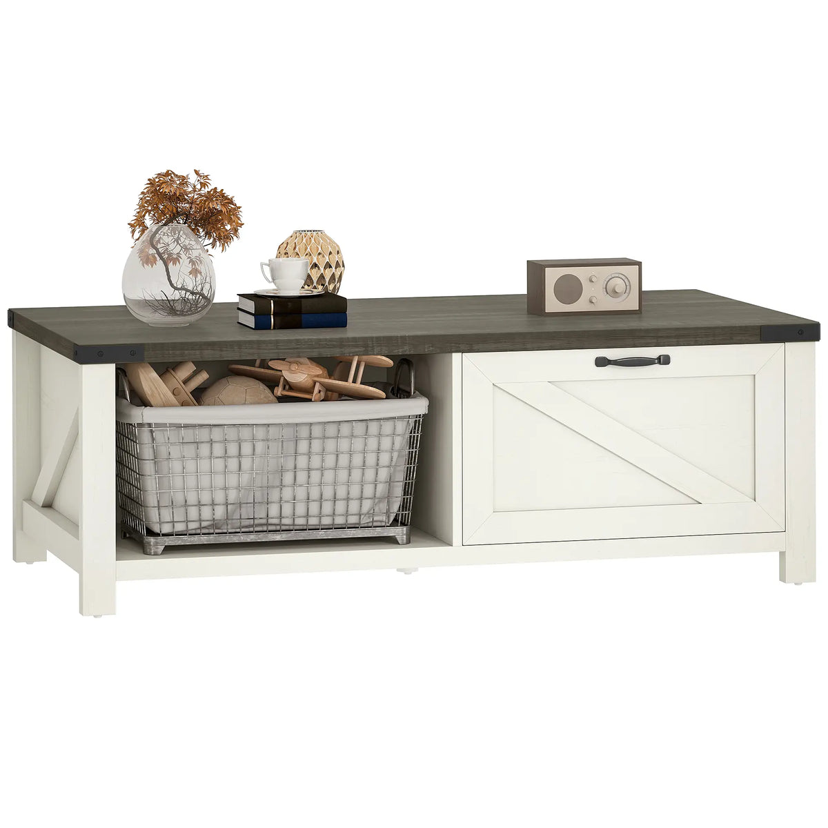 Farmhouse Coffee Table with Drawer, Open Shelf, Distressed White Coffee Tables at Gallery Canada