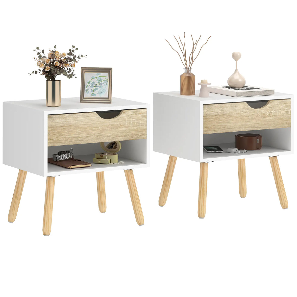 Set of 2 Bedside Tables, Modern Nightstand with Drawer, Shelf, White Bedside Tables at Gallery Canada