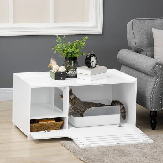 Hidden Cat Litter Box Furniture, With Storage and Side Table, White Cat Litter Box Enclosures White at Gallery Canada