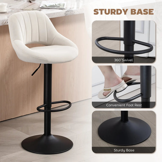 Tabourets de bar pivotants Lot de 2, Hauteur réglable, Rembourrage moelleux, Crème