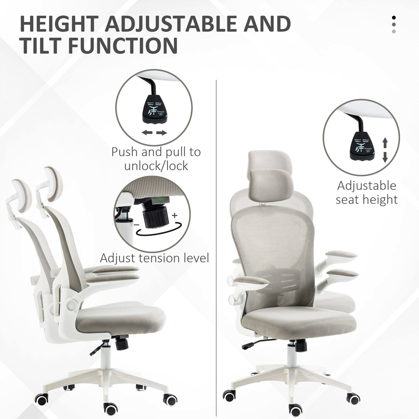 Office Chair, Mesh Computer Desk Chair with Adjustable Headrest, 4D Lumbar Support, Flip-up Arm, Grey - Gallery Canada