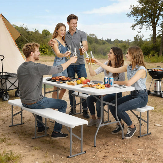 6FT Portable Camping Table Bench Set, Folding Picnic Table with 2 Benches, White Picnic Tables & Camping Chairs White, Light Grey at Gallery Canada