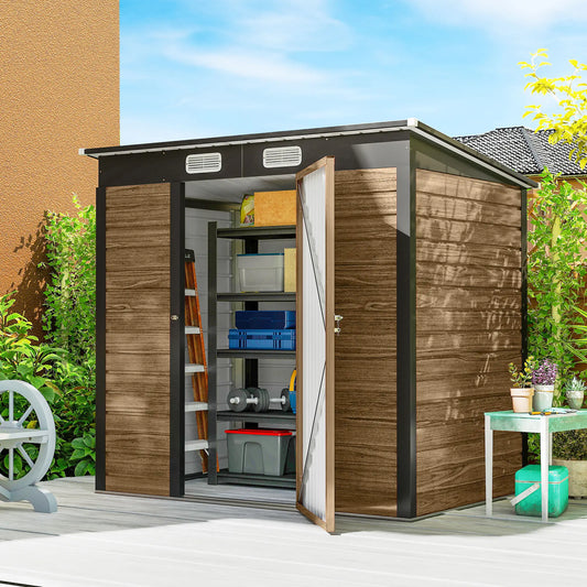 6' x 4' Galvanized Metal Garden Storage Shed, Double Doors, 2 Vents, Teak