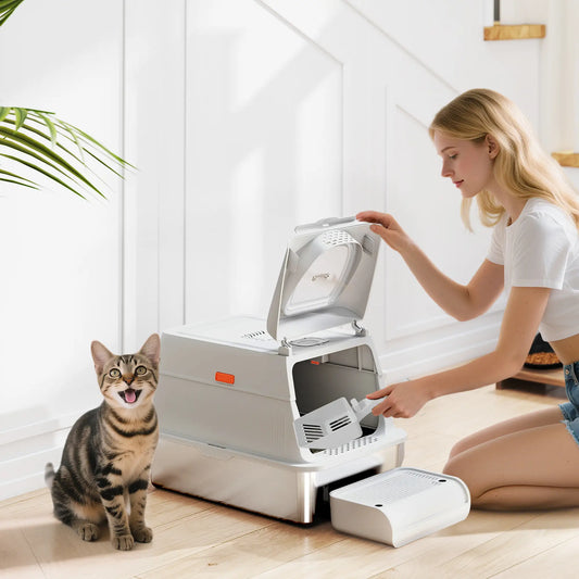 XL Stainless Steel Cat Litter Box, Flip Cover, Pedal, Deodorizer Cat Litter Box Enclosures Light Grey at Gallery Canada