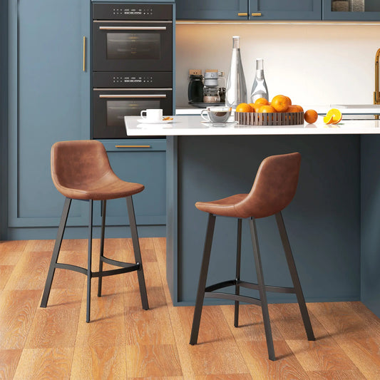 Counter Height Stools Set of 2, Upholstered Kitchen Stool with Back, Steel Legs Bar Stools Brown at Gallery Canada