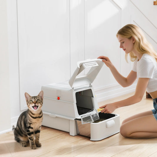 80L XL Stainless Steel Cat Litter Box, Flip Cover, Pull-Out Drawer, High Sided, Pedal, Light Grey Cat Litter Box Enclosures Light Grey at Gallery Canada