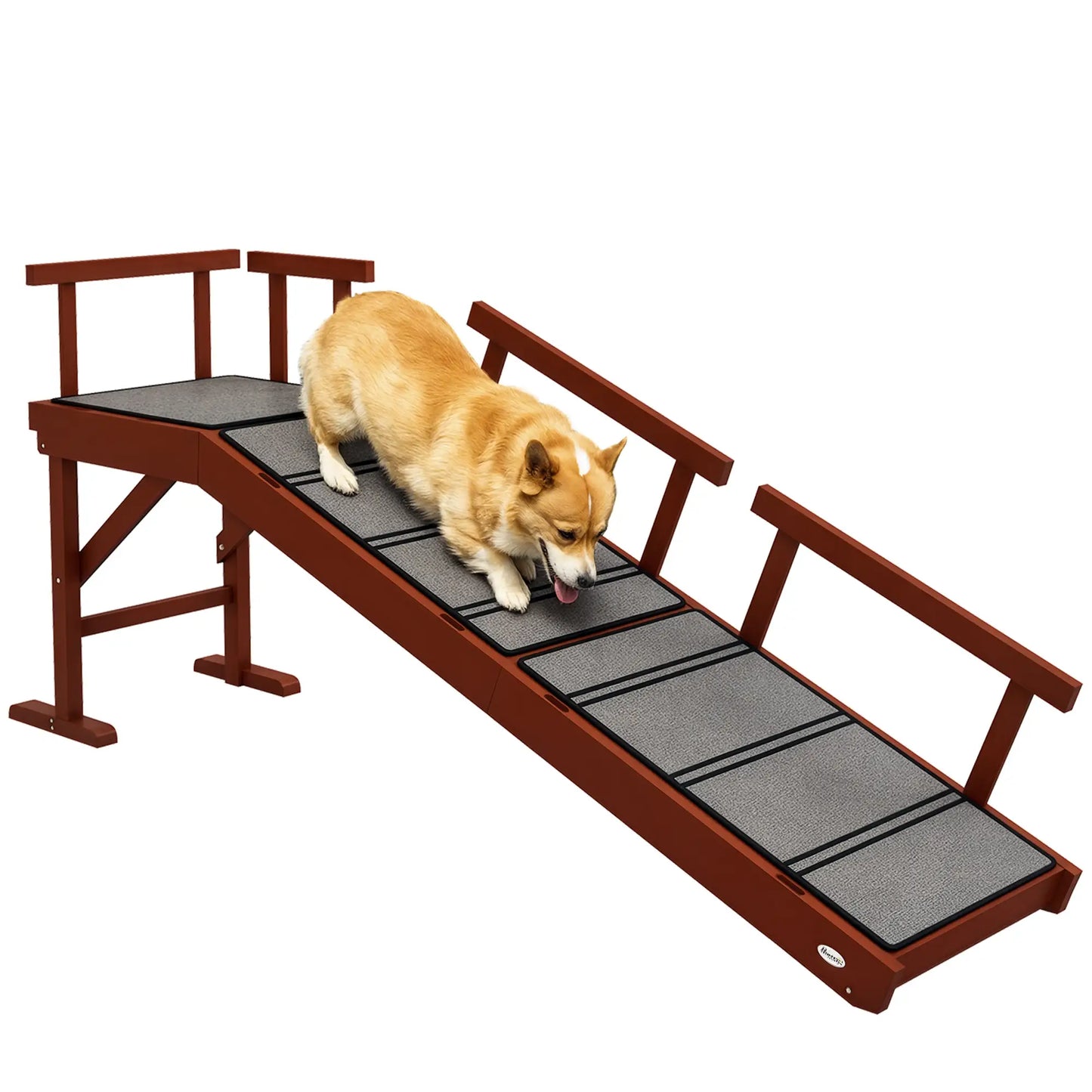 Rampe pour chien en bois, 60" de long, tapis antidérapant, garde-corps amovibles, marron