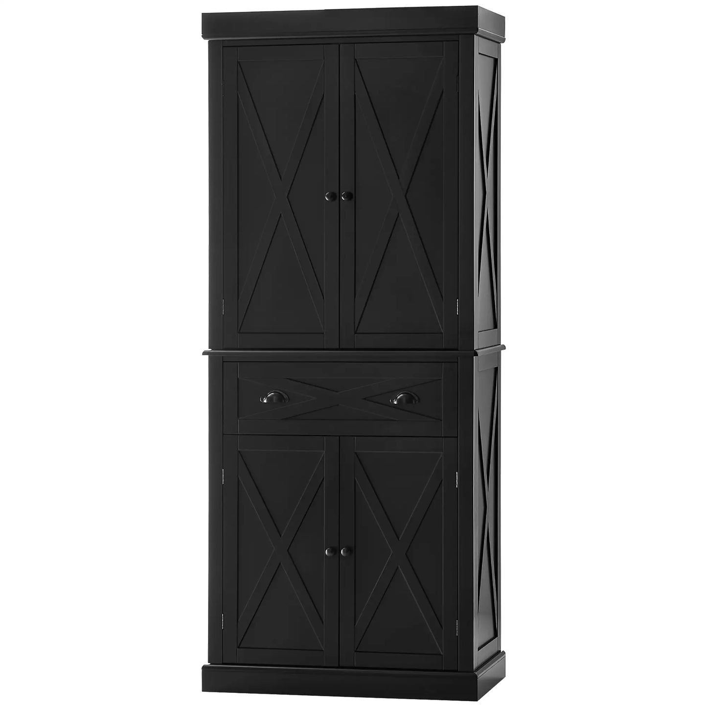 72.5" Kitchen Pantry Cabinet, 4 Doors, Drawer, Adjustable Shelves, Black