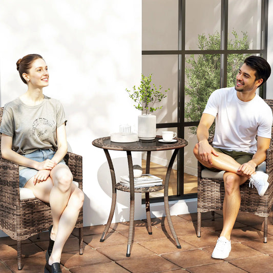 Outdoor Rattan Dining Table, Round Wicker Coffee Table with 2-Tier Shelf, Brown Patio Dinning Tables Brown, Black at Gallery Canada