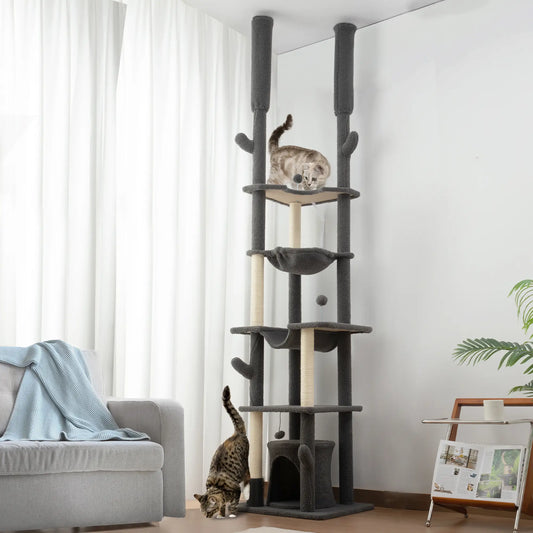 89"-100" Cat Tree Tower for Large Cats, Scratching Posts, Grooming Brush, Grey Floor to Ceiling Cat Trees Grey, Brown at Gallery Canada
