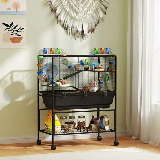 3 Tier Rolling Hamster Cage, 7" Deep Tray, Exercise Wheel, Tube System Hamster Cages Black at Gallery Canada