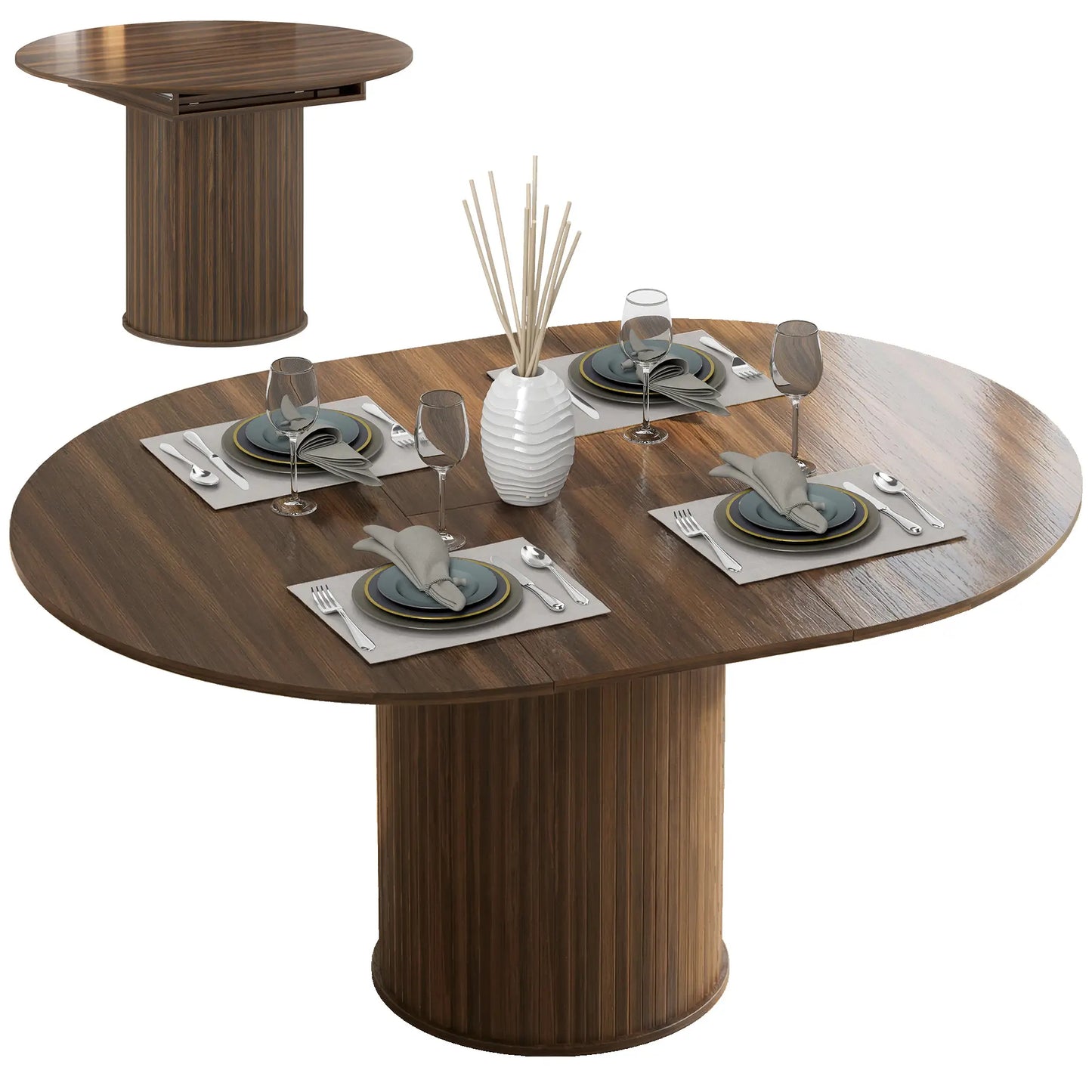 Extendable Kitchen Table, 43.5"-59", Walnut Wood Grain, Pedestal Base Dining Tables at Gallery Canada