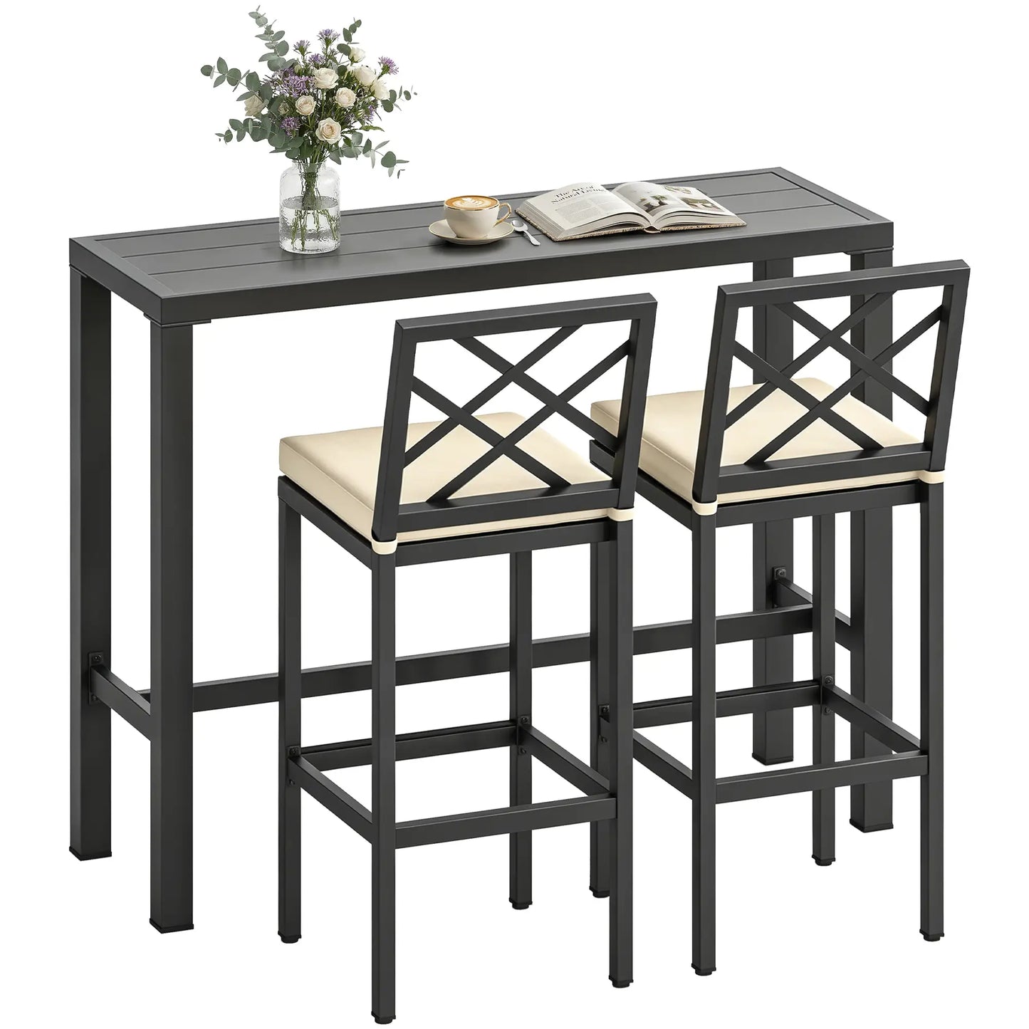 3 Piece Patio Bar Set, Outdoor Bar Table and Stools, Electrophoresis Steel Tabletop, X Back, Footrest, Cushions, Khaki Bistro Sets at Gallery Canada