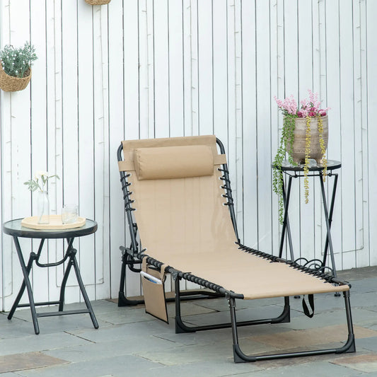 Outdoor Folding Chaise Lounge, Adjustable Backrest, Removable Pillow, Beige Lounger Chairs Beige at Gallery Canada