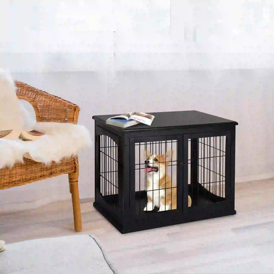 26" Wooden Dog Cage, Double Door, Modern Design, Black Houses, Kennels & Pens Black at Gallery Canada