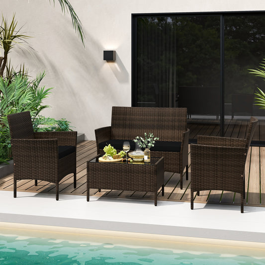 4 Piece Patio Rattan Conversation Set with Cozy Seat Cushions, Black Patio Conversation Sets Black at Gallery Canada