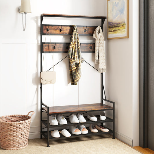 Coat Rack Hall Tree, 11 Hooks Shoe Bench, Rustic Brown Coat Racks & Hall Trees Rustic Brown at Gallery Canada