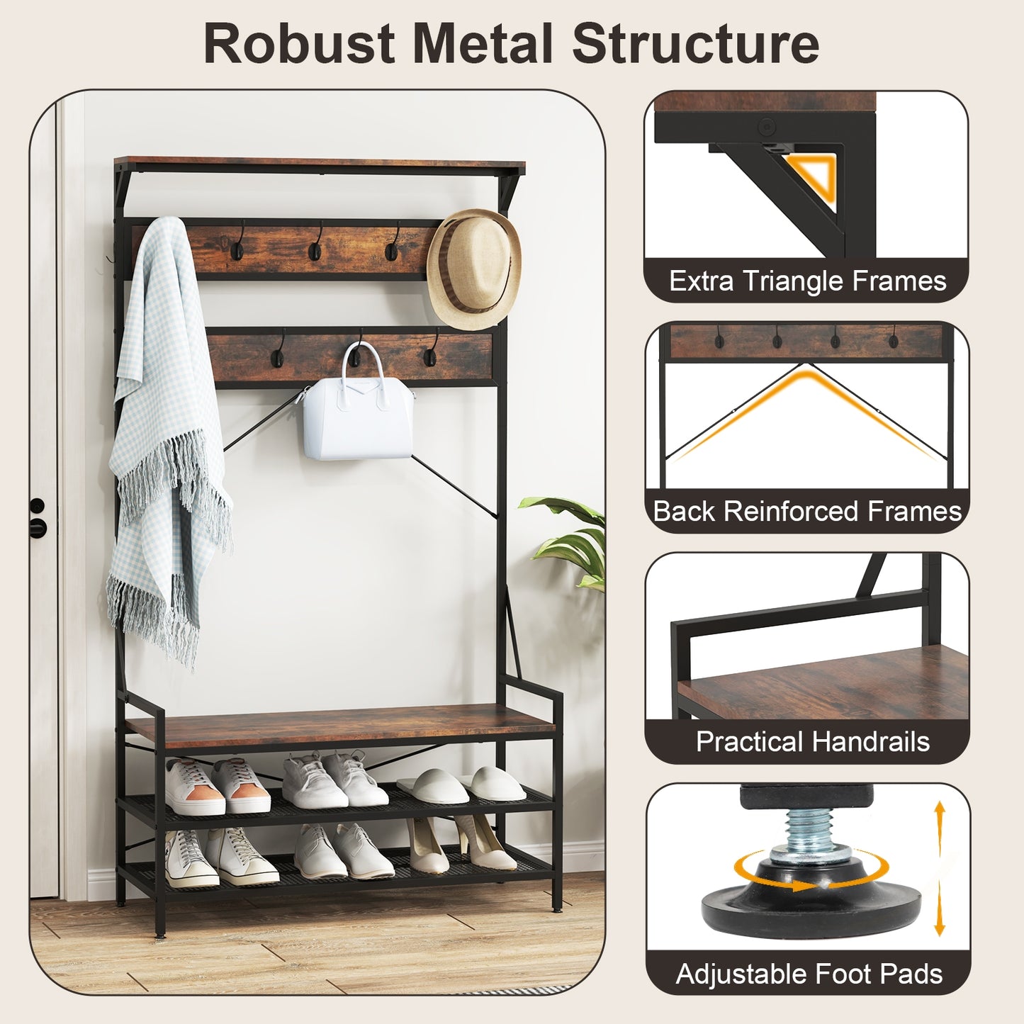 Coat Rack 4-In-1 Hall Tree with 11 Hanging Hooks Shoe Bench, Rustic Brown Coat Racks & Hall Trees at Gallery Canada