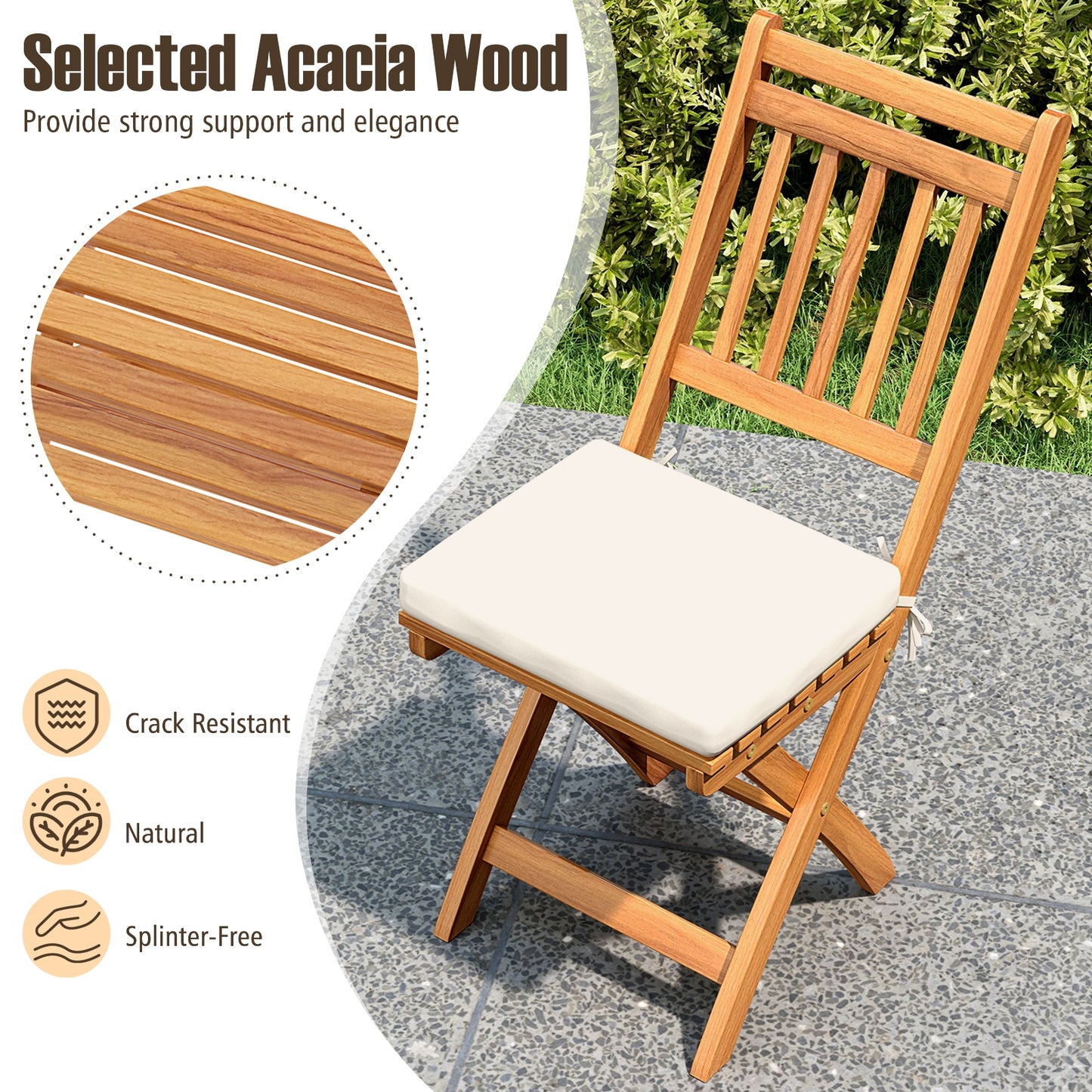 Folding Chairs, Set of 2, Soft Seat Cushion, White