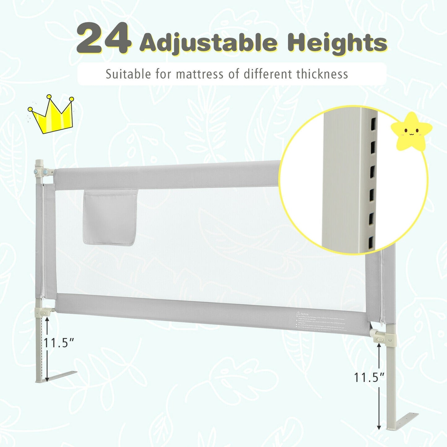 69.5 Inches Toddler Bedrail, Anti-Collision Cotton, Side Pocket, Gray Bed Rails at Gallery Canada
