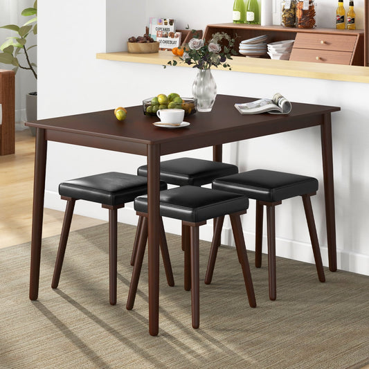 5 Piece Dining Table Set For 4, 4 Upholstered Stools, Rubber Wood Legs, Brown Dining Room Sets Brown at Gallery Canada