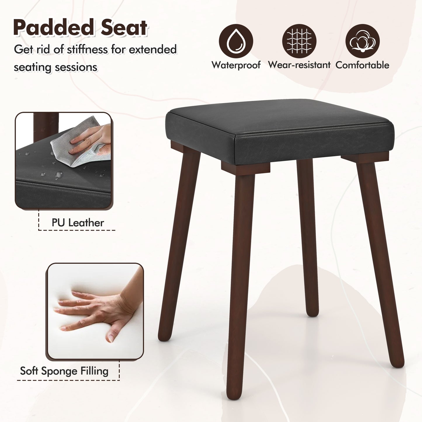 5 Piece Dining Table Set For 4, 4 Upholstered Stools, Rubber Wood Legs, Brown Dining Room Sets at Gallery Canada