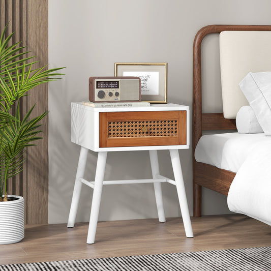 Rattan Nightstand Mid Century Modern Accent Table with Drawer, White Nightstands White at Gallery Canada