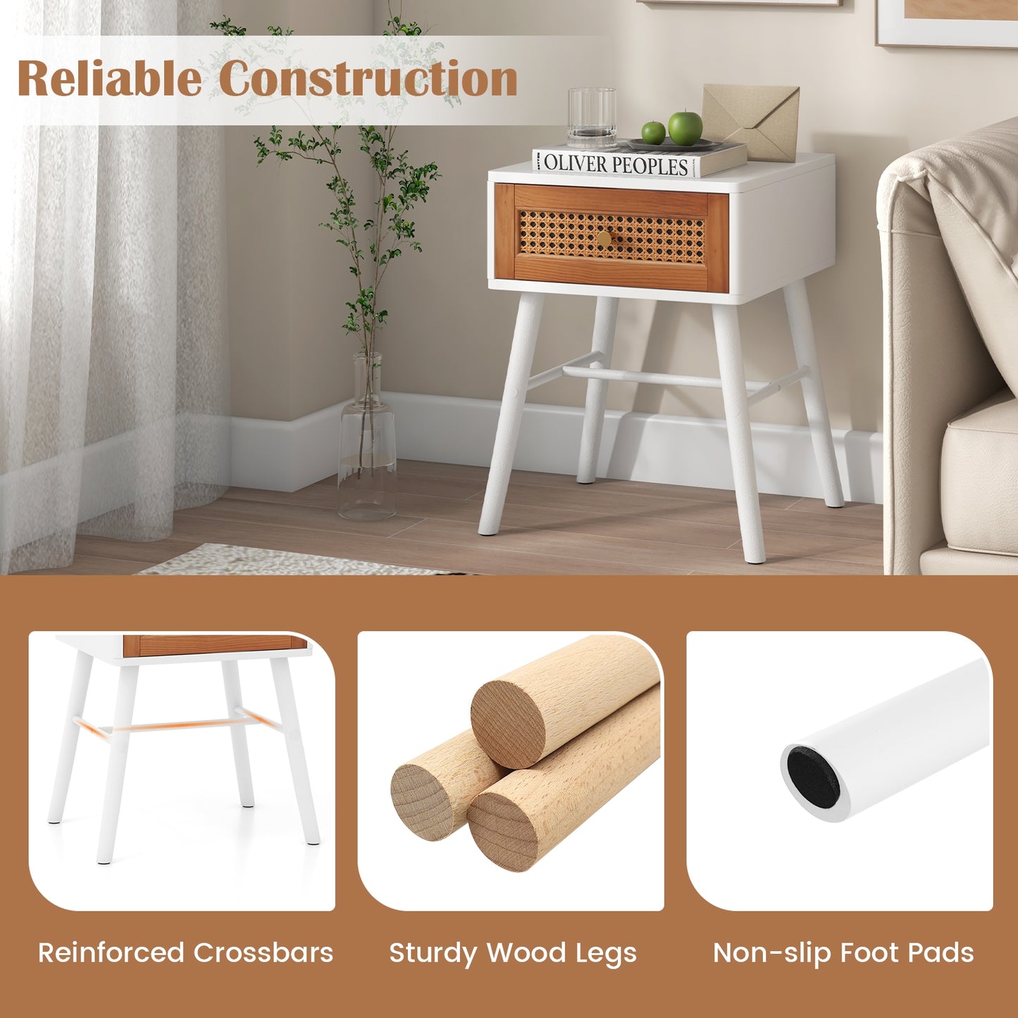 Rattan Nightstand Mid Century Modern Accent Table with Drawer, White Nightstands at Gallery Canada
