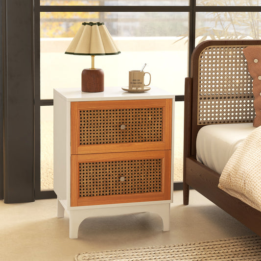 Boho Accent Table Nightstand with 2 Handwoven Rattan Decorated Drawers, White Nightstands White at Gallery Canada