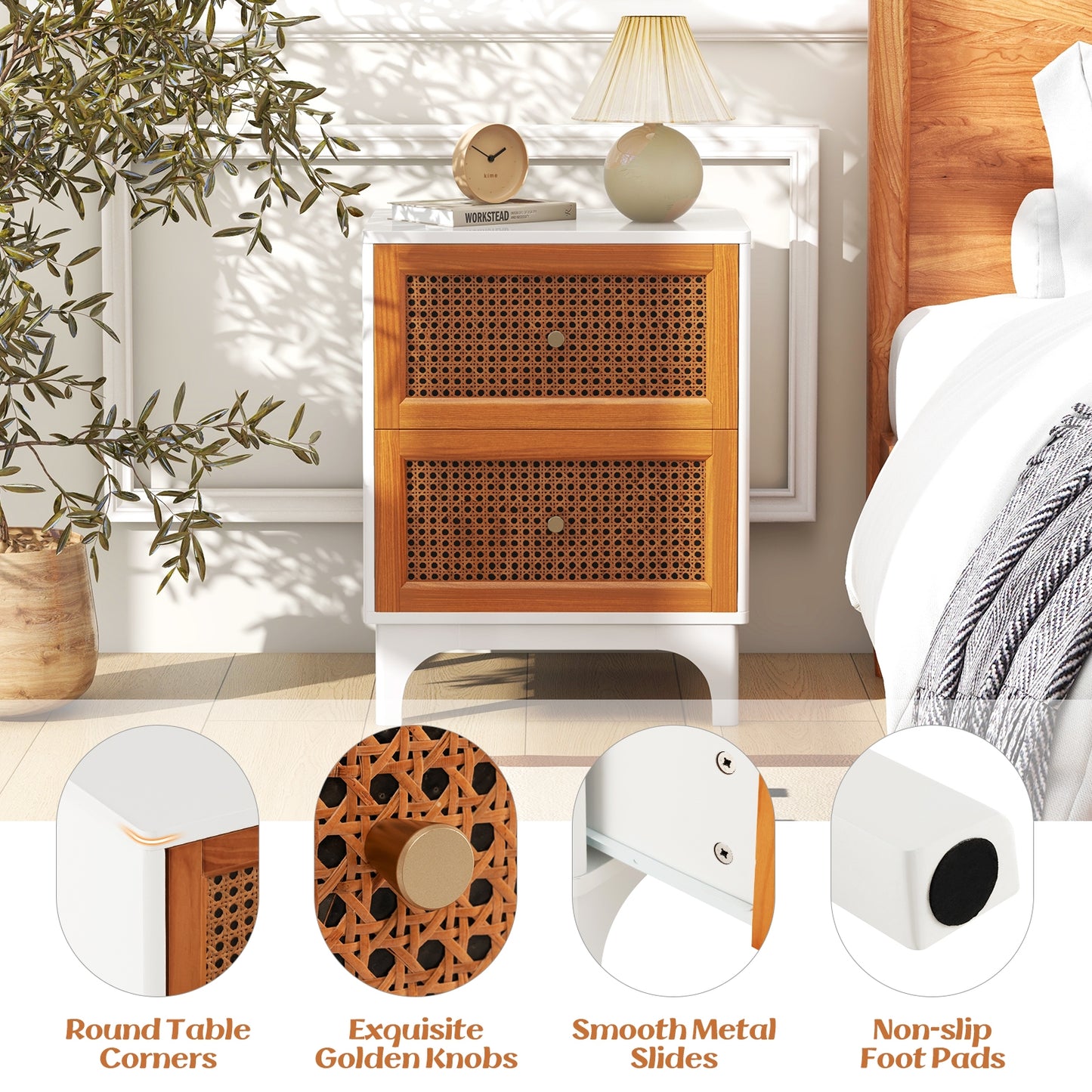 Boho Accent Table Nightstand, 2 Rattan Drawers, White Nightstands at Gallery Canada