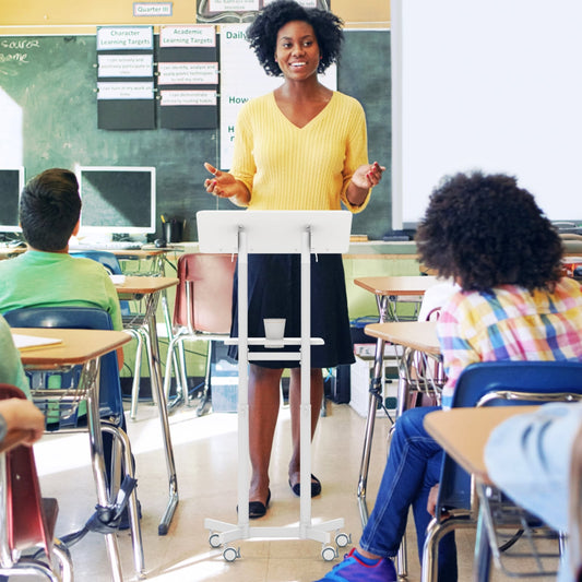 Mobile Lectern Podium, Height Adjustable Rolling Laptop Cart, White