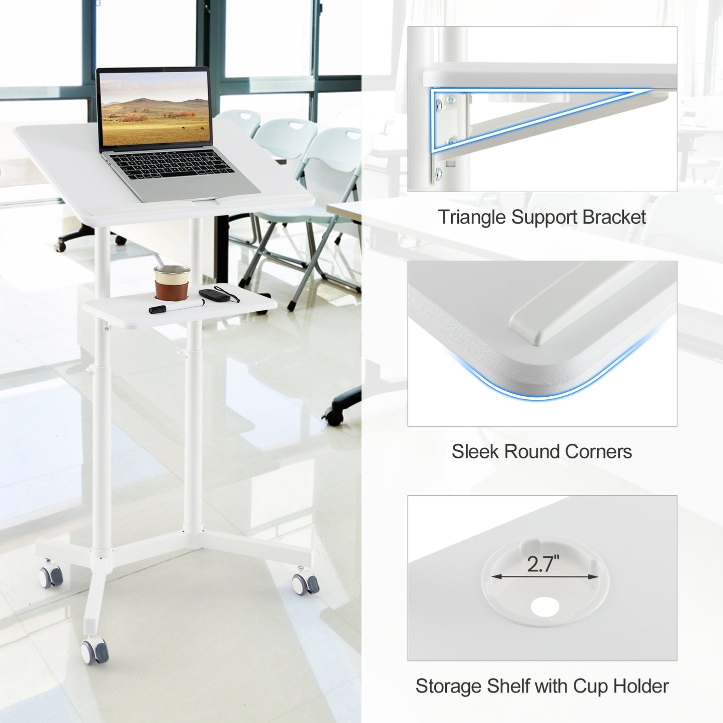 Mobile Lectern Podium Height-adjustable Rolling Laptop Cart with Tilting Top Storage Tray, White Laptop Tables & Printer Stands at Gallery Canada