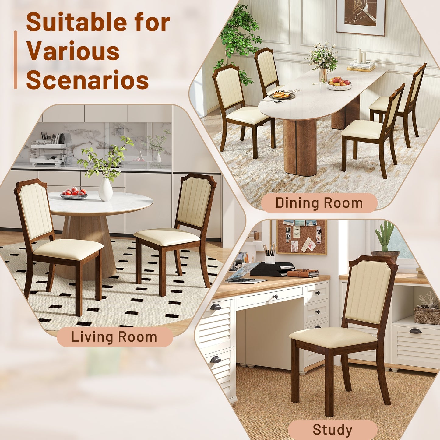 Dining Chair Set, 2 PU Leather Rubber Wood Frame, Brown