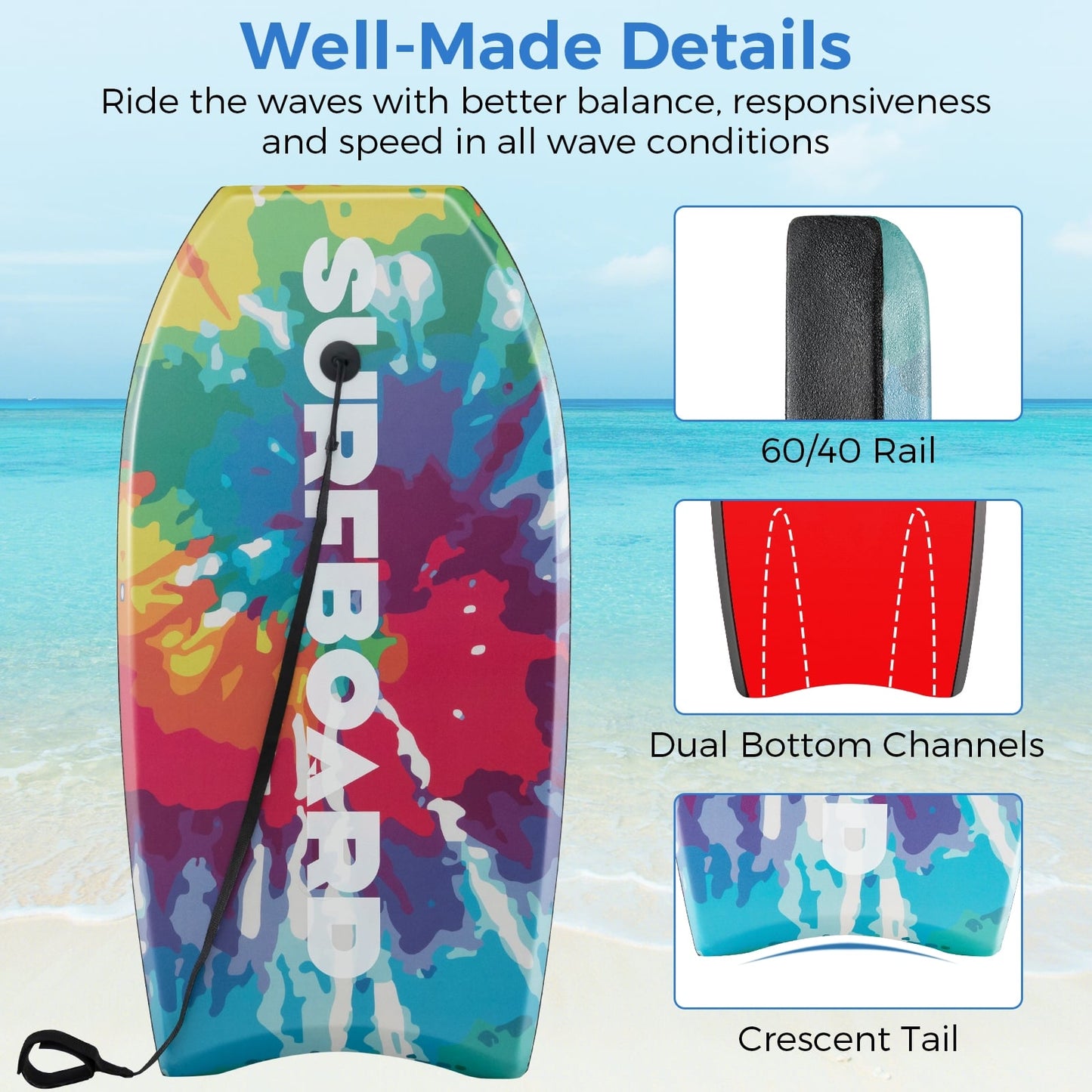 33/37/41 Inch Lightweight Body Board, EPS Core XPE Deck HDPE Bottom, Multicolor Surfing at Gallery Canada
