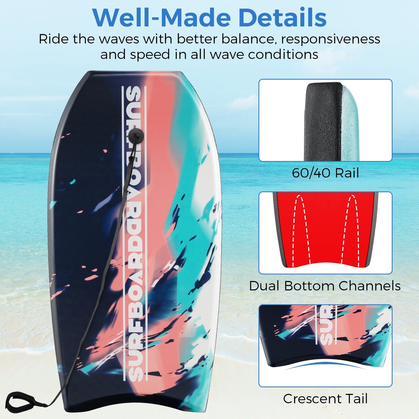 33/37/41 Inch Lightweight Body Board, EPS Core XPE Deck HDPE Bottom, Multicolor2-L Surfing at Gallery Canada