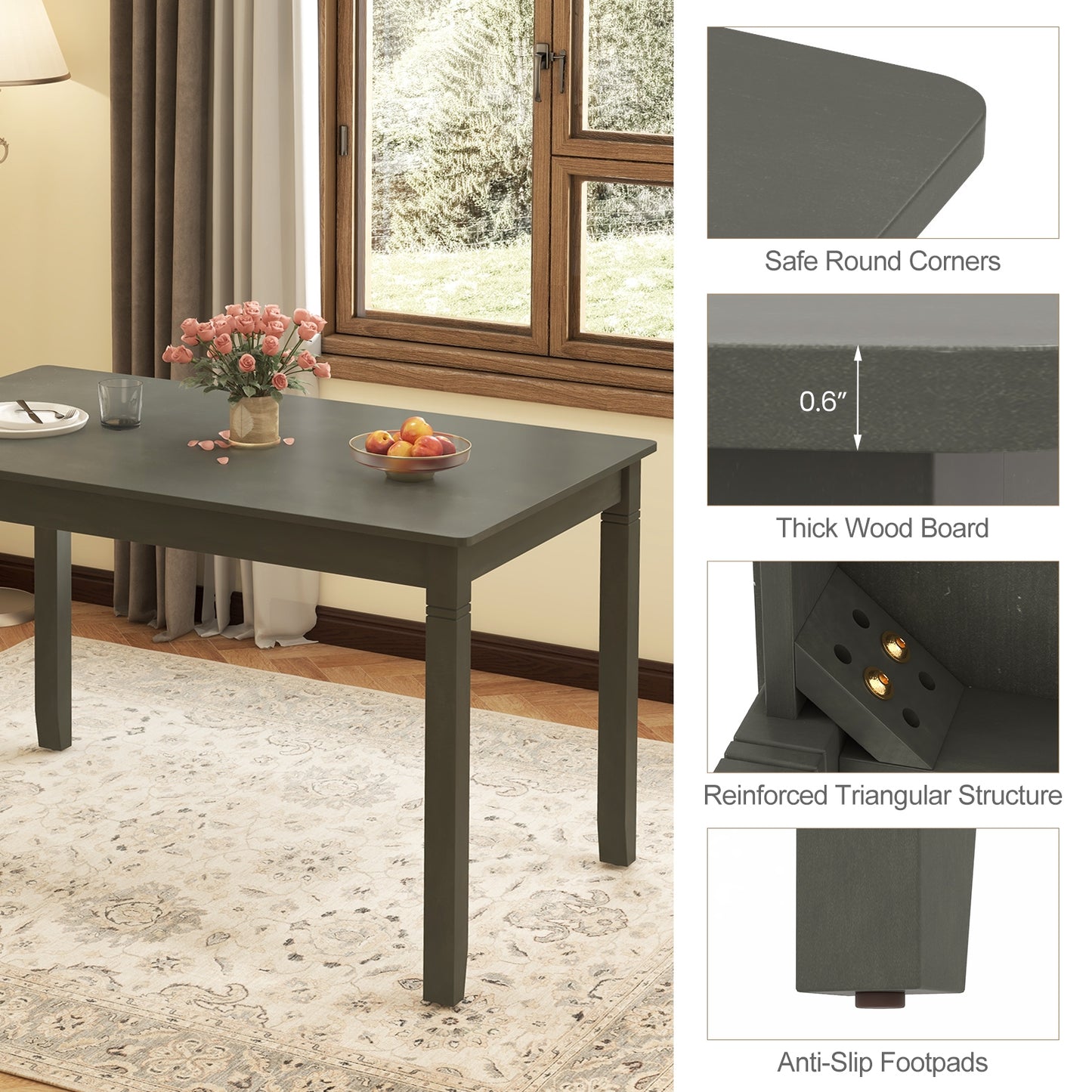 48-Inch Wooden Dining Table for 4 People Rectangular Kitchen Table with Rubber Wood Legs, Gray Dining Tables at Gallery Canada