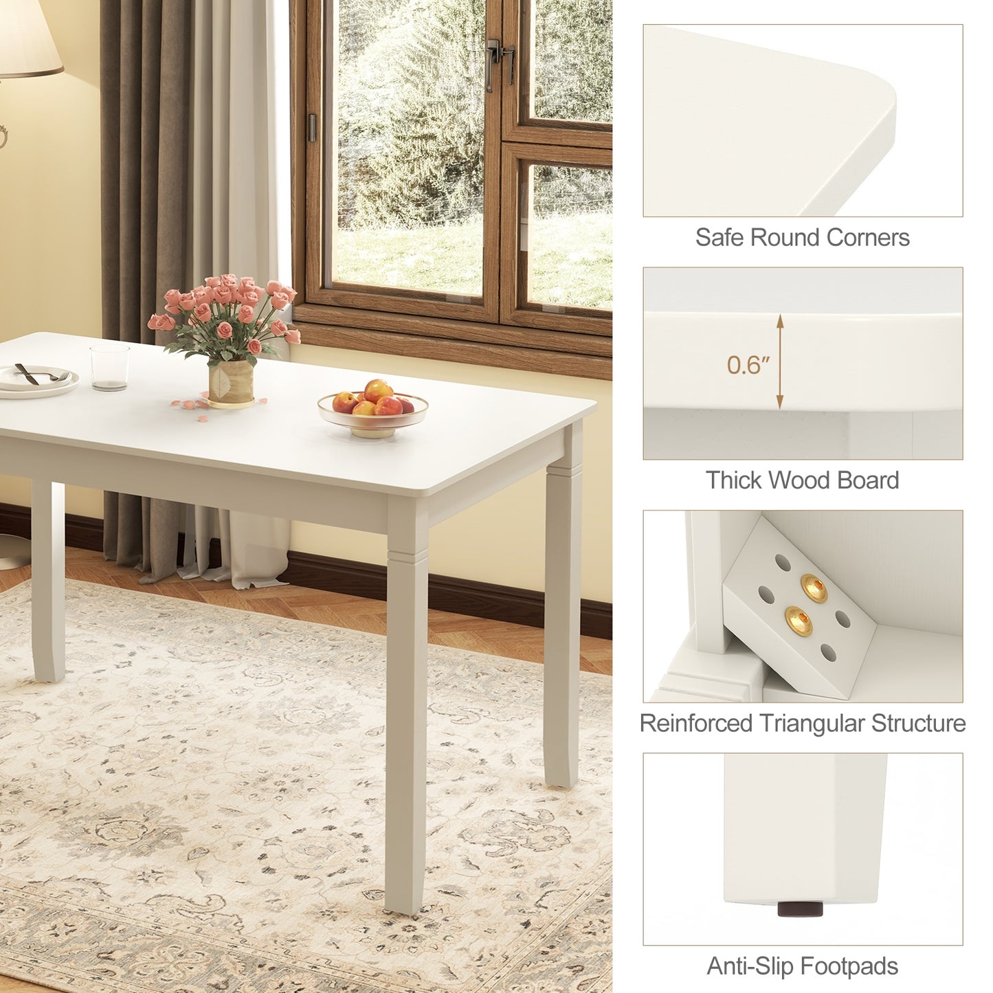 48-Inch Wooden Dining Table for 4 People Rectangular Kitchen Table with Rubber Wood Legs, Cream White Dining Tables at Gallery Canada