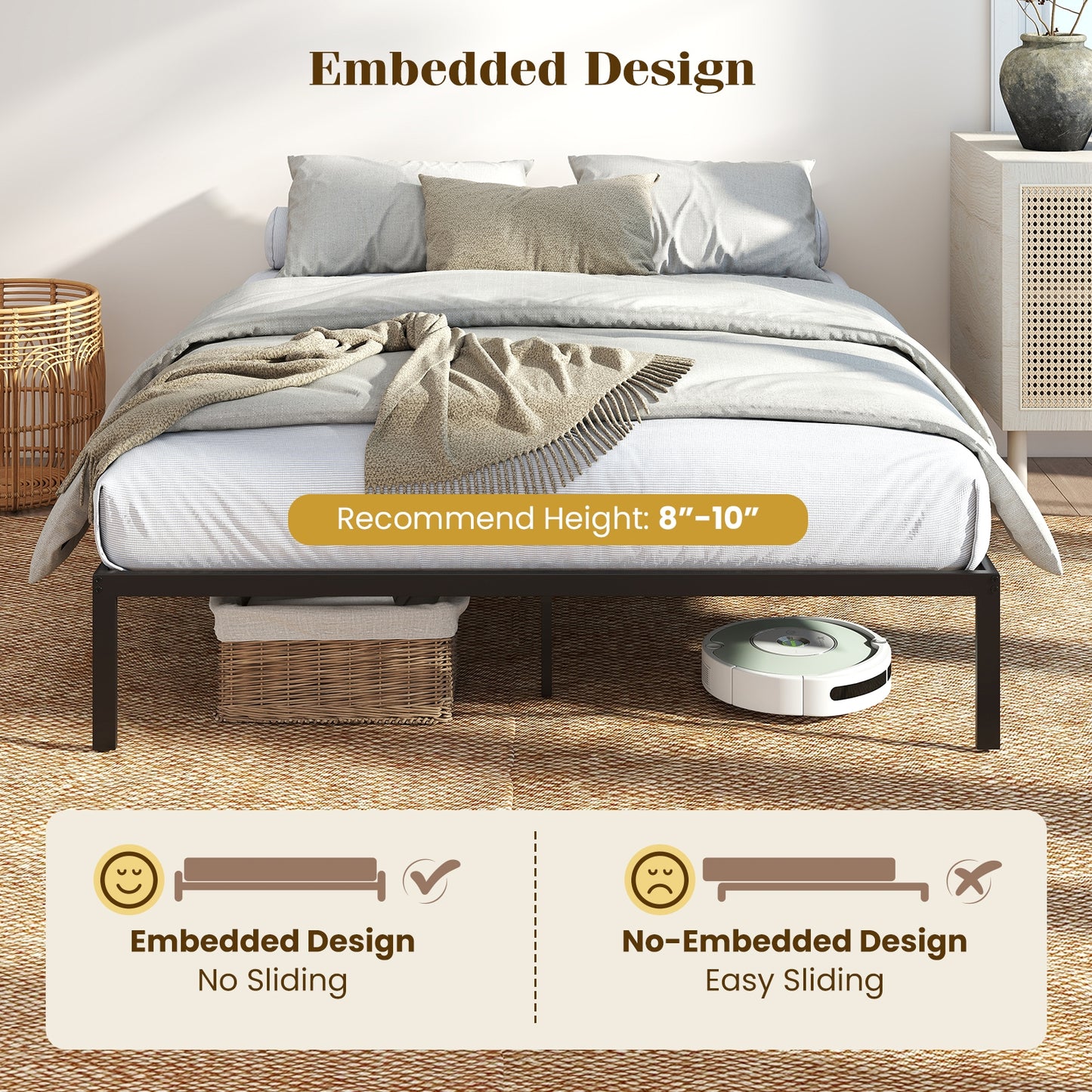 Cadre de lit en métal Queen Size, Lattes de support renforcées, Noir