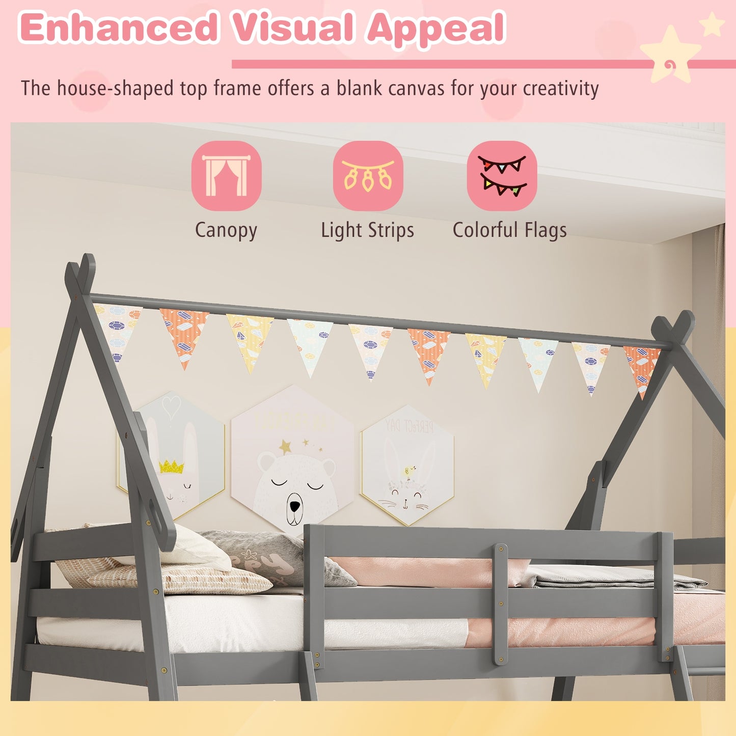 Twin Over Queen Bunk Bed, Wooden Kids Bed, Gray