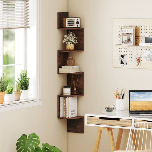 5-Tier Corner Shelf, Floating Bookshelf, Wall Mounted Storage, Rustic Brown Bookcases Rustic Brown at Gallery Canada
