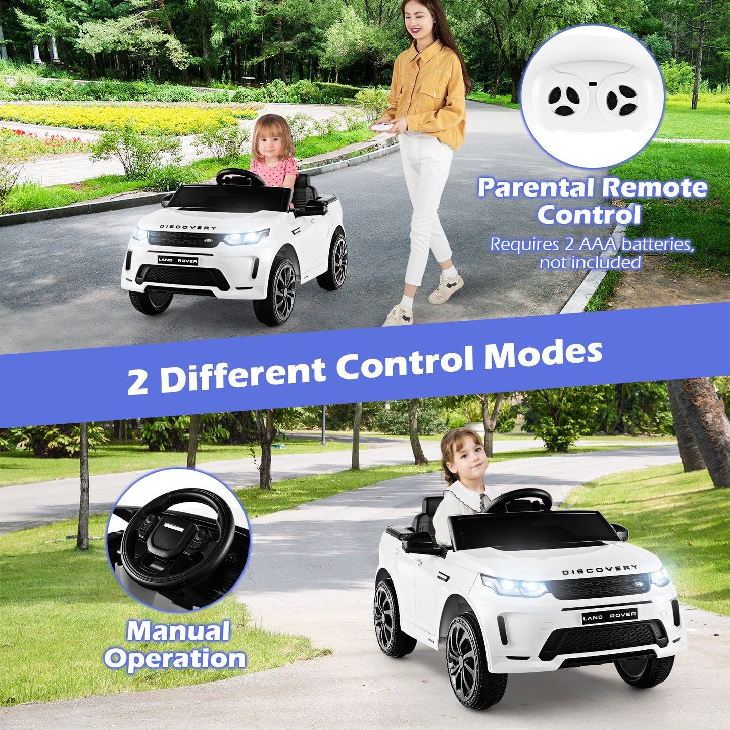 12V Kids Ride On Car, Remote Control, Lockable Doors, LED Lights, White Powered Ride On Toys at Gallery Canada