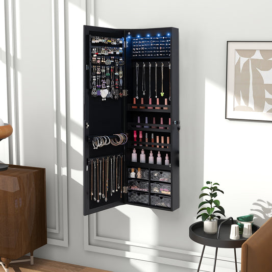 Door Hanging Jewelry Armoire With Full Length Mirror, 6 Drawers, Black