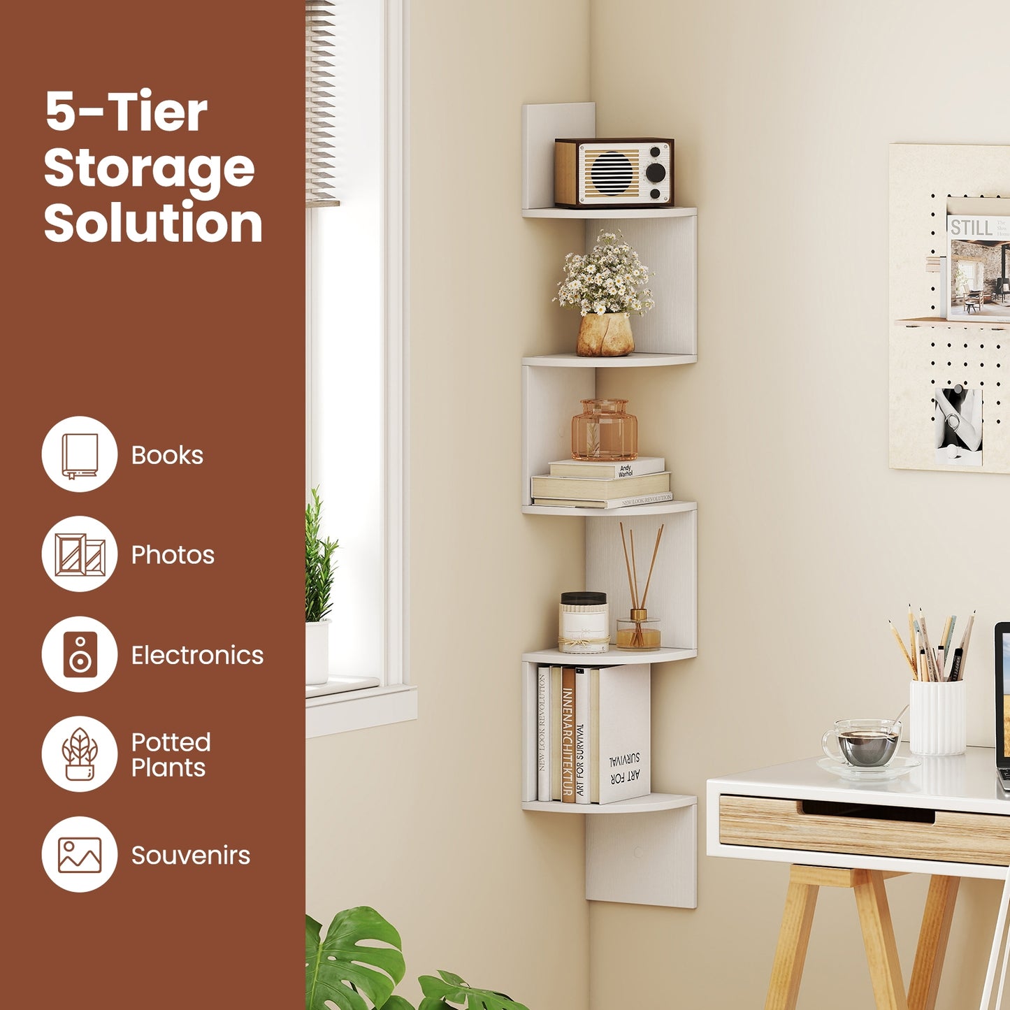 5-Tier Corner Shelf, Floating Bookshelf, Wall Mounted Storage Organizer, White