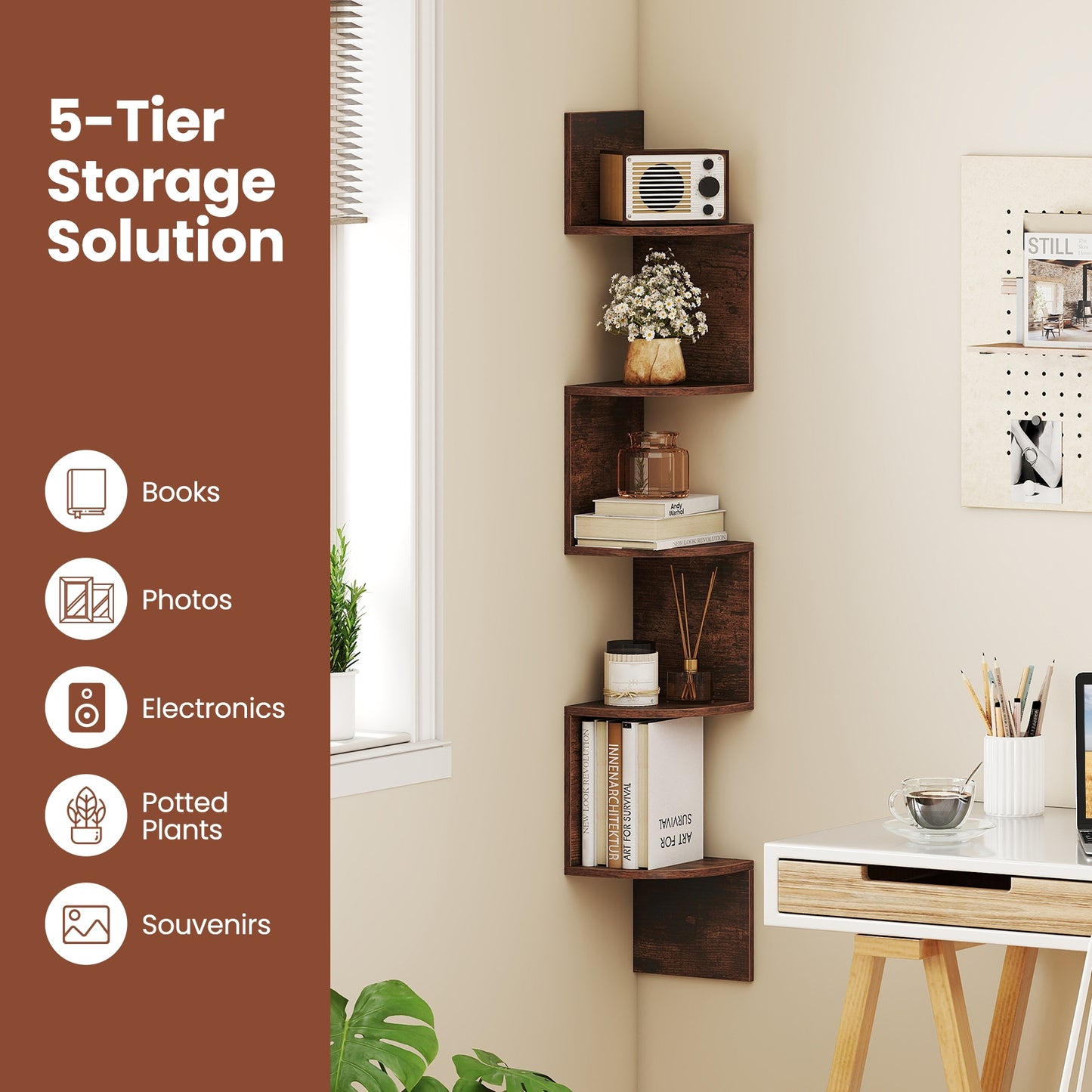 5-Tier Corner Shelf, Floating Bookshelf, Wall Mounted Storage, Rustic Brown