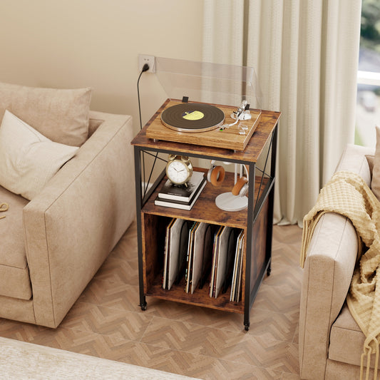 Mobile Record Player Stand with Power Outlet with Open Shelf and Dividers, Rustic Brown End & Side Tables Rustic Brown at Gallery Canada