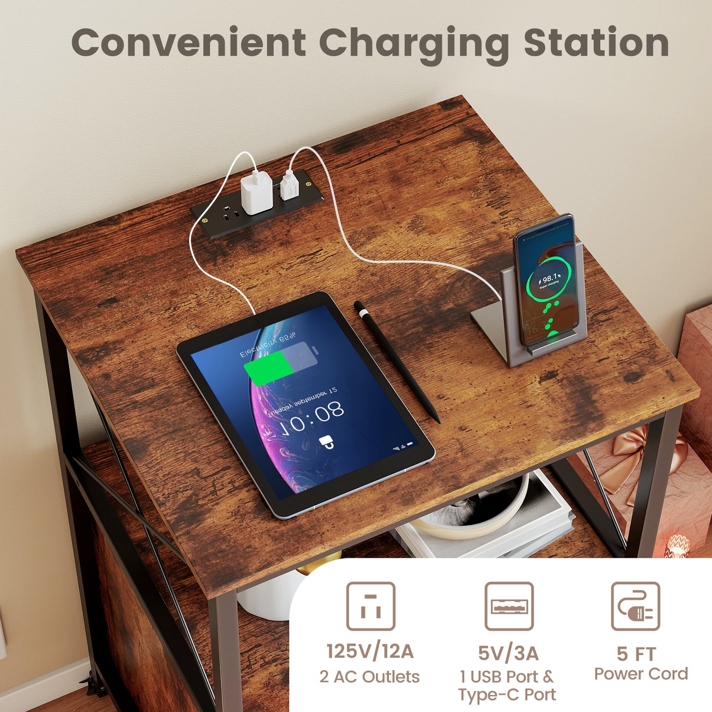 Mobile Record Player Stand with Power Outlet with Open Shelf and Dividers, Rustic Brown End & Side Tables at Gallery Canada