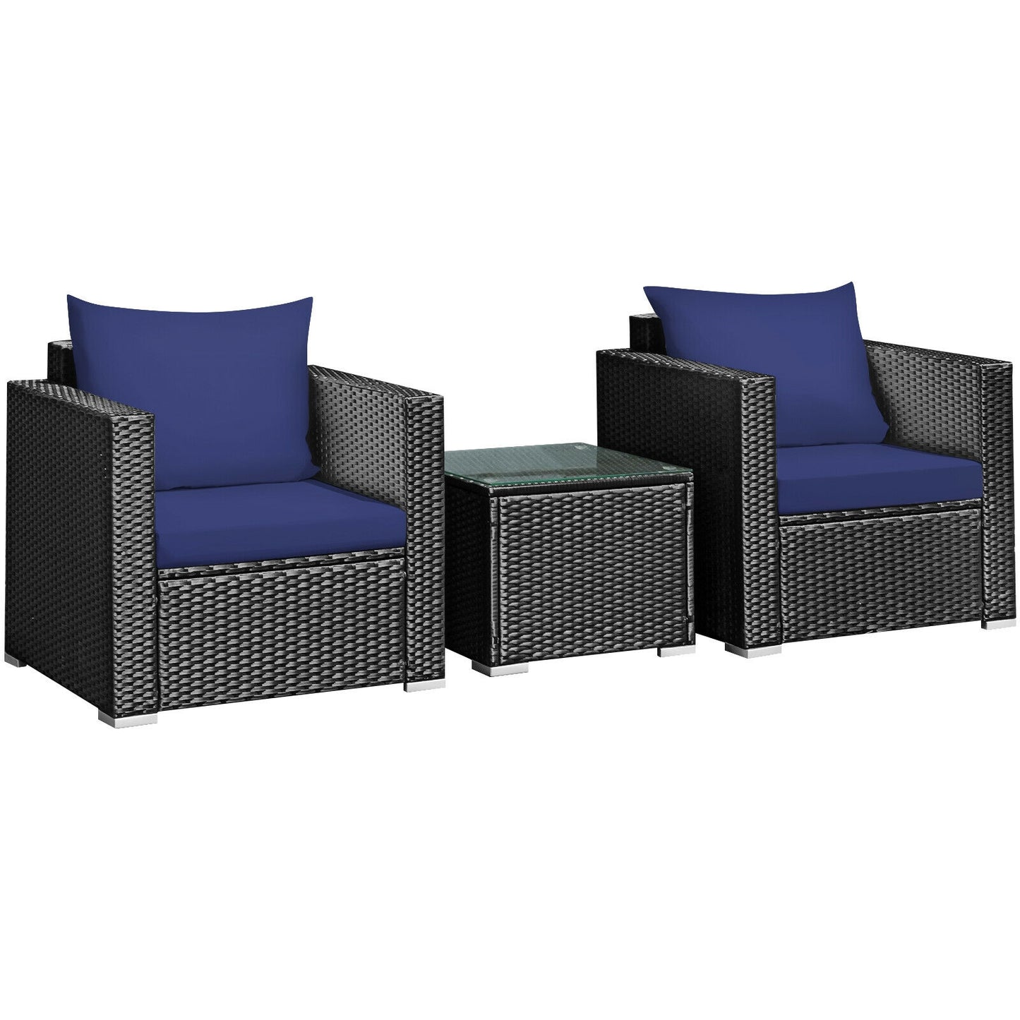 3 Pieces Patio Wicker Furniture Set with Cushion, Navy Patio Conversation Sets at Gallery Canada