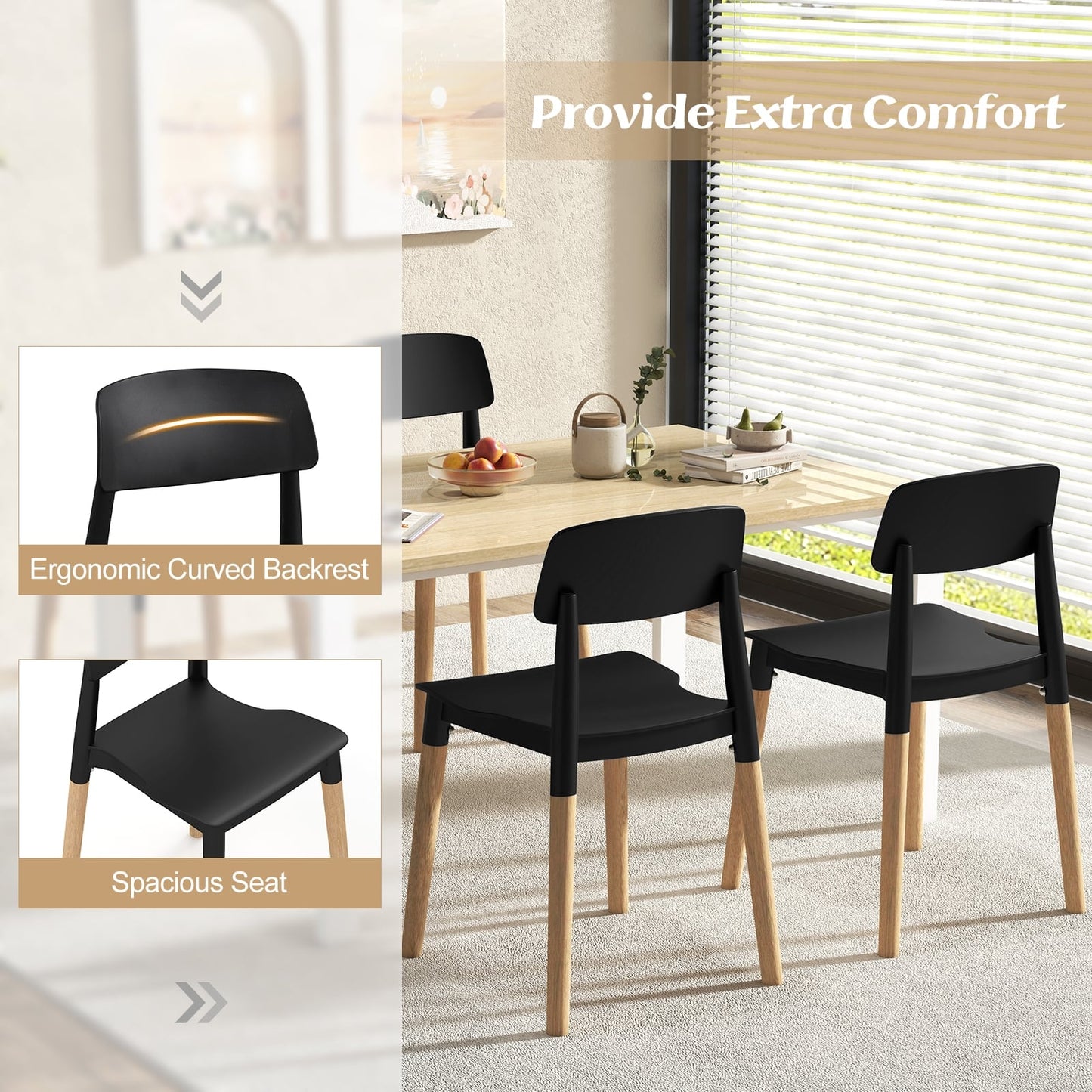 Chaises de salle à manger modernes, lot de 4, dossier ergonomique, noir