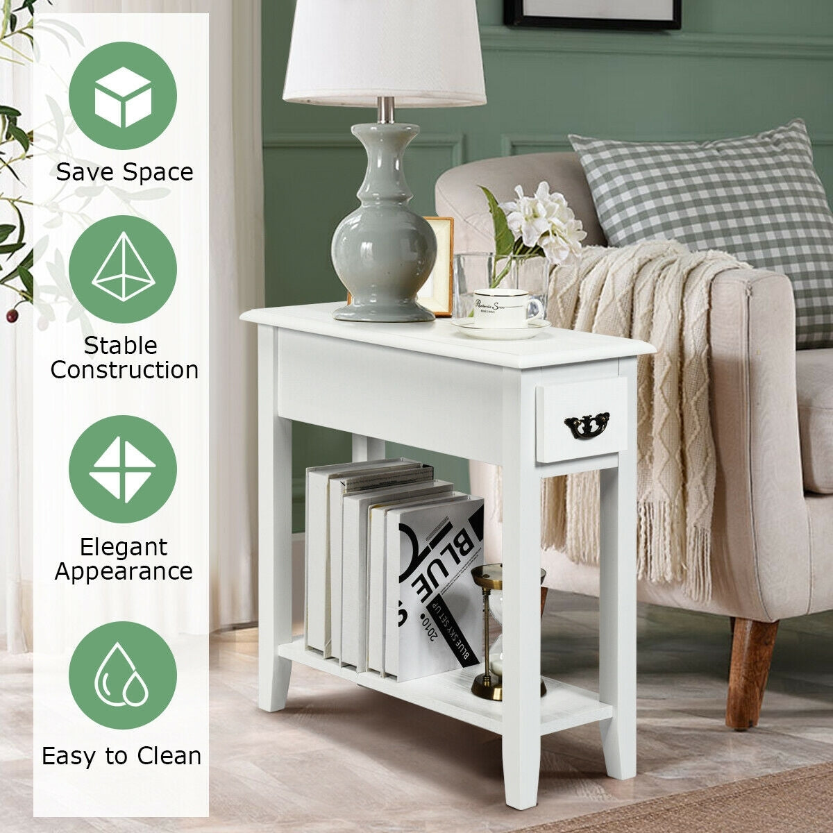 2 Tier Narrow End Bedside Table, White