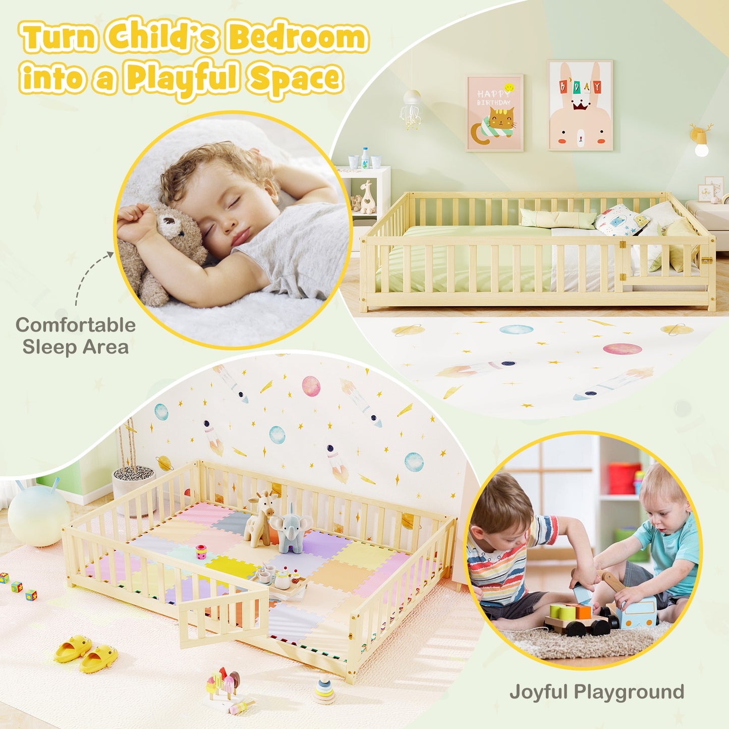 Montessori Bed Frame With Full Guardrails, Safety Door, Natural